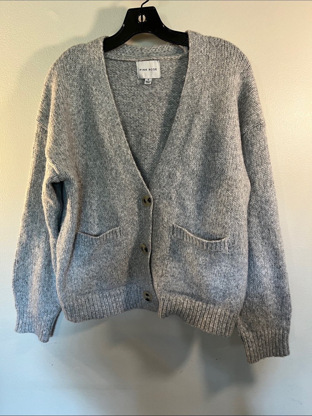 Pink Rose Gray V-Neck Button Pocket Knit Cardigan